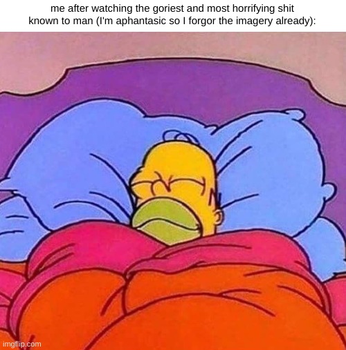 can't be mentally scarred >:) | me after watching the goriest and most horrifying shit known to man (I'm aphantasic so I forgor the imagery already): | image tagged in homer simpson sleeping peacefully | made w/ Imgflip meme maker