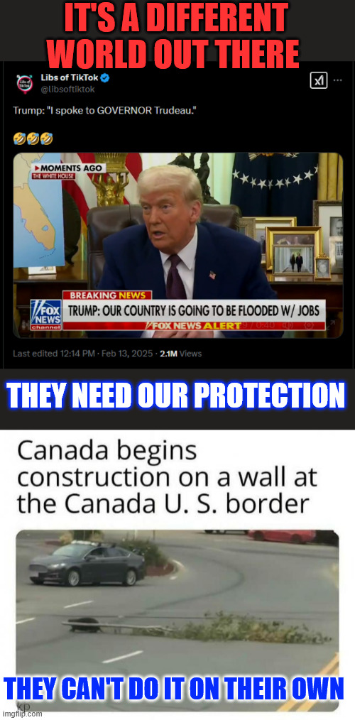 Canada is in bad shape... | IT'S A DIFFERENT WORLD OUT THERE; THEY NEED OUR PROTECTION; THEY CAN'T DO IT ON THEIR OWN | image tagged in governor,trudeau,crying | made w/ Imgflip meme maker