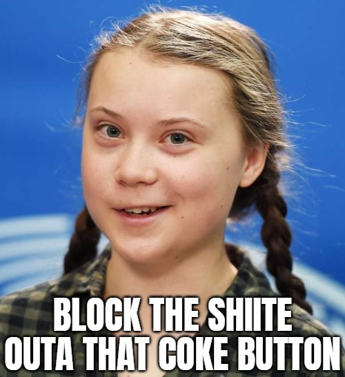 Greta Thunberg | BLOCK THE SHIITE OUTA THAT COKE BUTTON | image tagged in greta thunberg | made w/ Imgflip meme maker