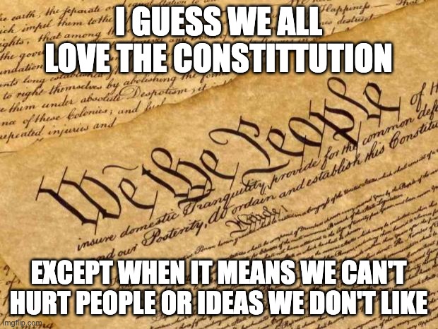 Constitution | I GUESS WE ALL LOVE THE CONSTITTUTION; EXCEPT WHEN IT MEANS WE CAN'T HURT PEOPLE OR IDEAS WE DON'T LIKE | image tagged in constitution | made w/ Imgflip meme maker