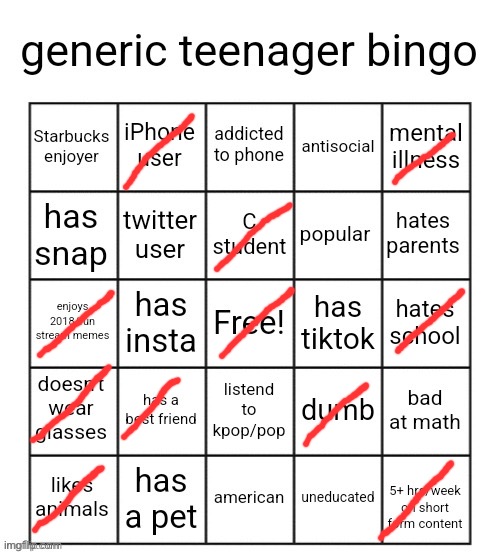 generic teenager bingo | image tagged in generic teenager bingo | made w/ Imgflip meme maker