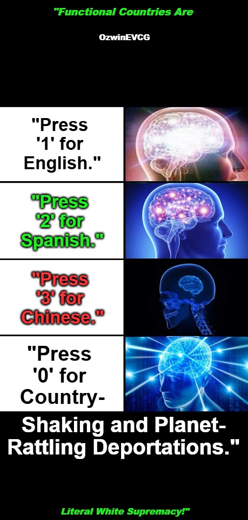 [FC...WS] | "Functional Countries Are; OzwinEVCG; "Press 

'1' for 

English."; "Press 

'2' for 

Spanish."; "Press 

'3' for 

Chinese."; "Press 

'0' for 

Country-; Shaking and Planet-

Rattling Deportations."; Literal White Supremacy!" | image tagged in de-evolving brain,evolving brain,americans against weimerica,deportation,liberal logic,clown world | made w/ Imgflip meme maker