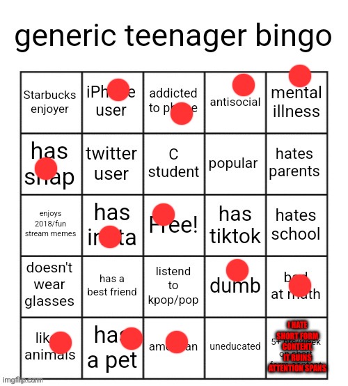 Did it for fun I guess | I HATE SHORT FORM CONTENT, IT RUINS ATTENTION SPANS | image tagged in generic teenager bingo | made w/ Imgflip meme maker