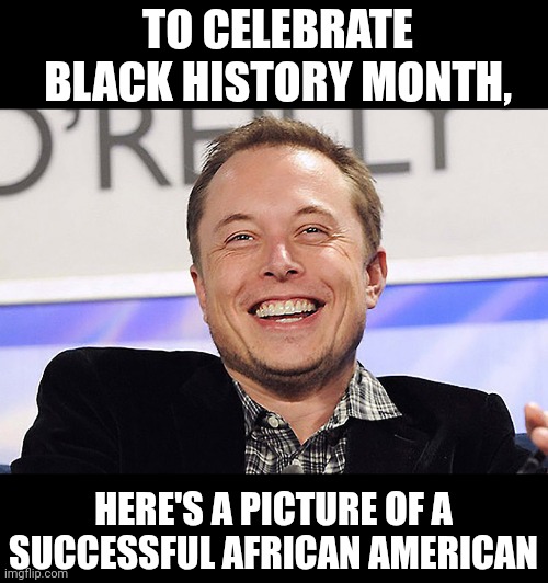 Elon musk | TO CELEBRATE BLACK HISTORY MONTH, HERE'S A PICTURE OF A SUCCESSFUL AFRICAN AMERICAN | image tagged in elon musk | made w/ Imgflip meme maker