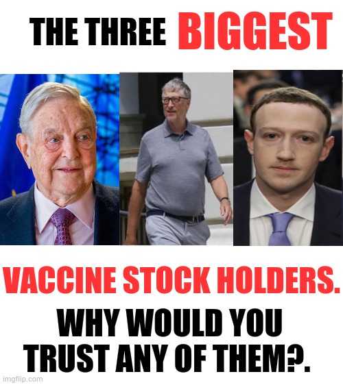 Why Would You Trust Any Of Them? | BIGGEST; THE THREE; VACCINE STOCK HOLDERS. WHY WOULD YOU TRUST ANY OF THEM?. | image tagged in memes,politics,big,vaccine,stocks,why is it when something happens it is always you three | made w/ Imgflip meme maker