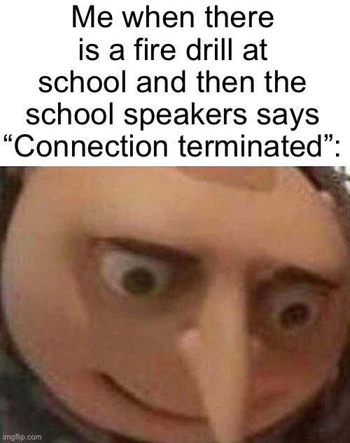 You’ll get if you know | Me when there is a fire drill at school and then the school speakers says “Connection terminated”: | image tagged in gru meme,five nights at freddys,fire | made w/ Imgflip meme maker