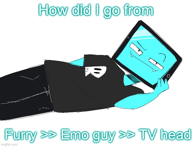 The progression was incredible | How did I go from; Furry >> Emo guy >> TV head | image tagged in zesty icy template | made w/ Imgflip meme maker