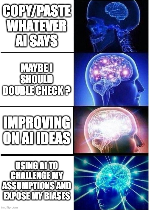 Are you letting AI replace your Brain? | COPY/PASTE WHATEVER AI SAYS; MAYBE I SHOULD DOUBLE CHECK ? IMPROVING ON AI IDEAS; USING AI TO CHALLENGE MY ASSUMPTIONS AND EXPOSE MY BIASES | image tagged in memes,expanding brain | made w/ Imgflip meme maker