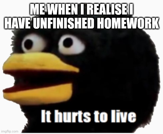 Facts | ME WHEN I REALISE I HAVE UNFINISHED HOMEWORK | image tagged in it hurts to live | made w/ Imgflip meme maker