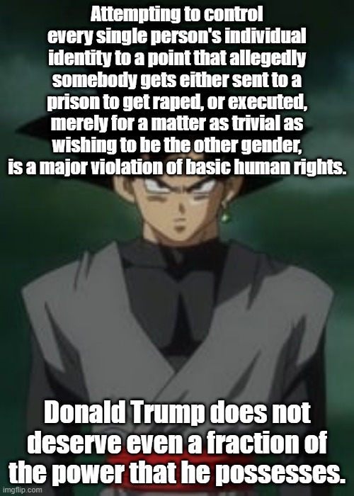 Goku black questions you | Attempting to control every single person's individual identity to a point that allegedly somebody gets either sent to a prison to get raped, or executed, merely for a matter as trivial as wishing to be the other gender, is a major violation of basic human rights. Donald Trump does not deserve even a fraction of the power that he possesses. | image tagged in goku black questions you | made w/ Imgflip meme maker