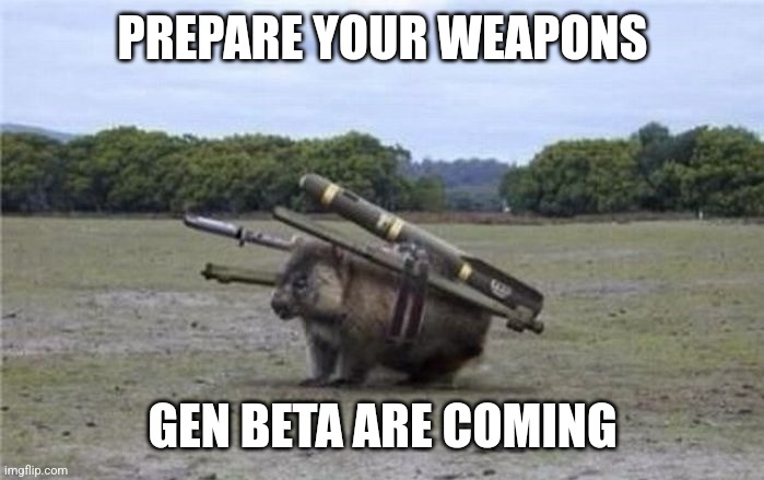 *loads shotgun* | PREPARE YOUR WEAPONS; GEN BETA ARE COMING | image tagged in combat wombat,gen alpha,beta | made w/ Imgflip meme maker