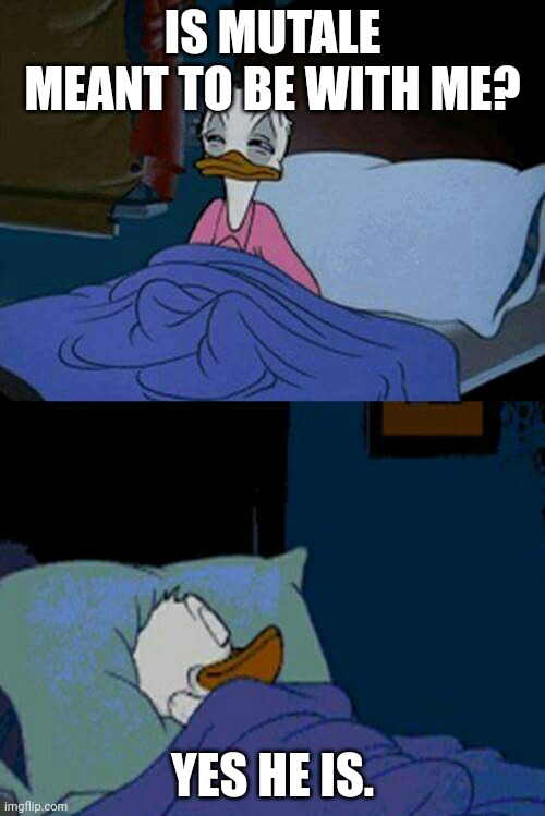 sleepy donald duck in bed | IS MUTALE MEANT TO BE WITH ME? YES HE IS. | image tagged in sleepy donald duck in bed | made w/ Imgflip meme maker