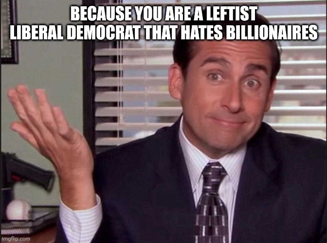 Michael Scott | BECAUSE YOU ARE A LEFTIST LIBERAL DEMOCRAT THAT HATES BILLIONAIRES | image tagged in michael scott | made w/ Imgflip meme maker