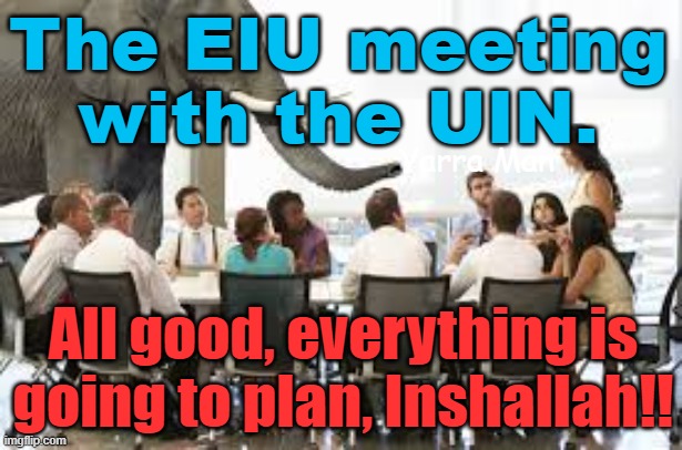 Meanwhile the UIN and the EIU are having a back slapping woke party! | The EIU meeting with the UIN. Yarra Man; All good, everything is going to plan, Inshallah!! | image tagged in elephant in the room,starmer,france,germany,islam,woke | made w/ Imgflip meme maker