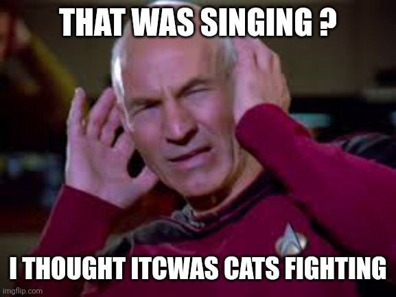 Captain Picard Covering Ears | THAT WAS SINGING ? I THOUGHT IT WAS CATS FIGHTING | image tagged in captain picard covering ears | made w/ Imgflip meme maker