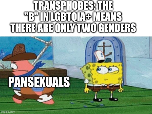 Why do these people keep forgetting that pansexuals exist ? | TRANSPHOBES: THE "B" IN LGBTQIA+ MEANS THERE ARE ONLY TWO GENDERS; PANSEXUALS | image tagged in pansexual,lgbtq,spongebob | made w/ Imgflip meme maker