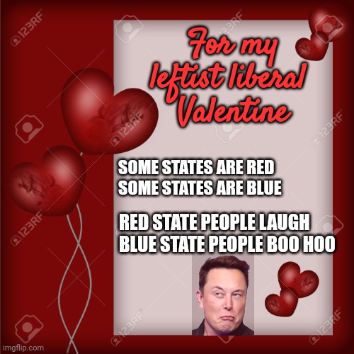 Valentine's Day card  | SOME STATES ARE RED
SOME STATES ARE BLUE RED STATE PEOPLE LAUGH
BLUE STATE PEOPLE BOO HOO For my leftist liberal 
Valentine | image tagged in valentine's day card | made w/ Imgflip meme maker