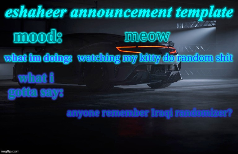 eshaheer announcement template | meow; watching my kitty do random shit; anyone remember Iraqi randomizer? | image tagged in eshaheer announcement template | made w/ Imgflip meme maker