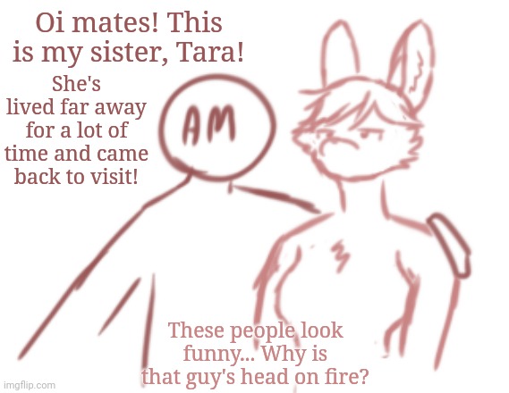 Roleplay if you want! Reposted cuz I made an error and wanted to change things up | Oi mates! This is my sister, Tara! She's lived far away for a lot of time and came back to visit! These people look funny... Why is that guy's head on fire? | made w/ Imgflip meme maker