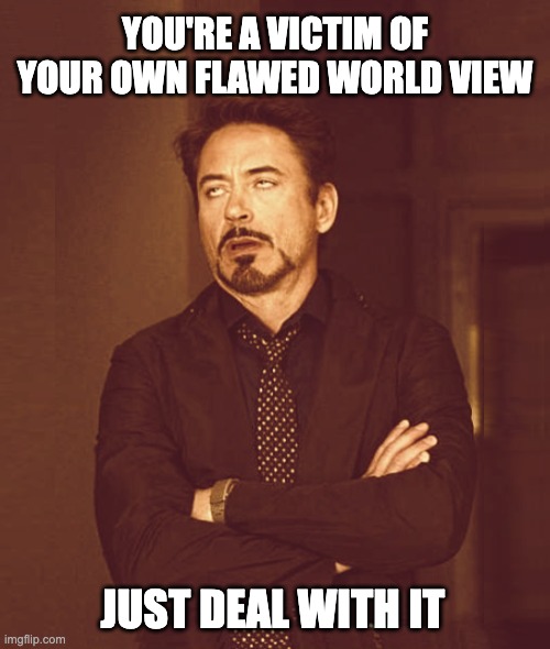 So Tired of Liberal "Victims" | YOU'RE A VICTIM OF YOUR OWN FLAWED WORLD VIEW; JUST DEAL WITH IT | image tagged in that face you make when alt-1 | made w/ Imgflip meme maker