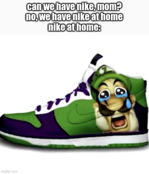 Sad wega shoes | can we have nike, mom?
no, we have nike at home
nike at home: | image tagged in sad wega shoes | made w/ Imgflip meme maker