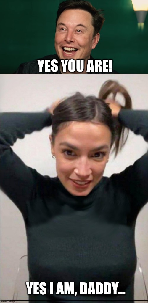 YES YOU ARE! YES I AM, DADDY... | image tagged in elon's dead deer gaffaw,aoc tying hair | made w/ Imgflip meme maker