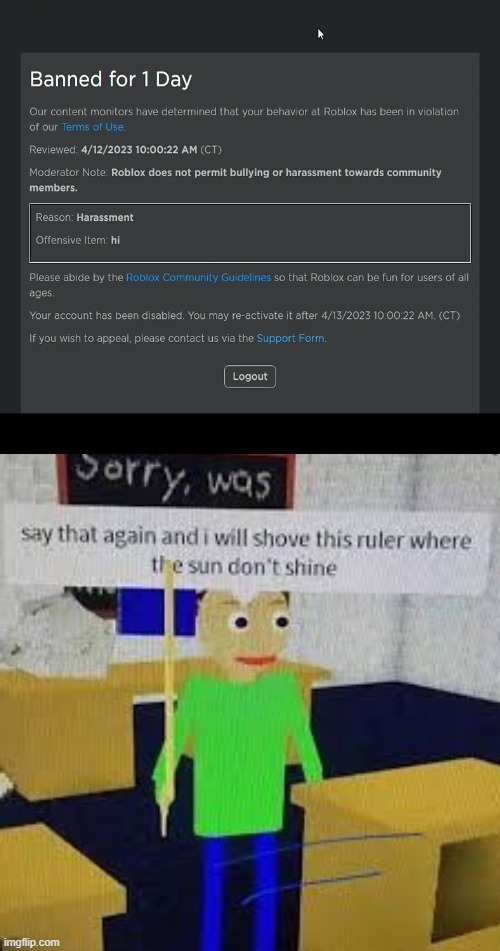 You after you get banned for saying Hi in Roblox | image tagged in say that again and ill shove this ruler where the sun dont shine | made w/ Imgflip meme maker