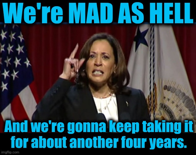 "We're not gonna take it anymore" has gone out of style | We're MAD AS HELL; And we're gonna keep taking it
for about another four years. | image tagged in kamala angry,memes,mad as hell,democrats,trump derangement syndrome,hatred | made w/ Imgflip meme maker