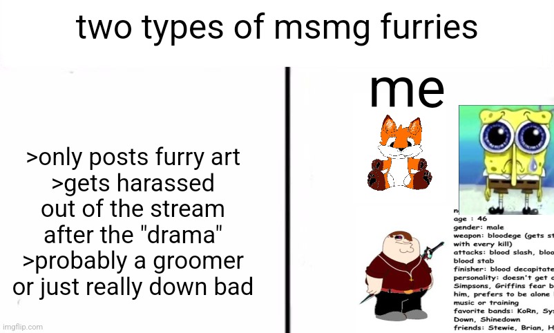 Two Types Of People In This World | two types of msmg furries; me; >only posts furry art
>gets harassed out of the stream after the "drama"
>probably a groomer or just really down bad | image tagged in two types of people in this world | made w/ Imgflip meme maker