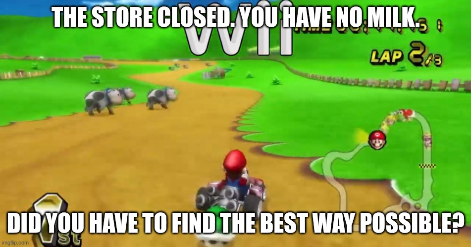 Store 4 MKW | THE STORE CLOSED. YOU HAVE NO MILK. DID YOU HAVE TO FIND THE BEST WAY POSSIBLE? | image tagged in mario | made w/ Imgflip meme maker