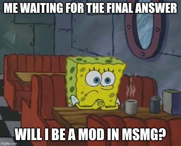 lets hope | ME WAITING FOR THE FINAL ANSWER; WILL I BE A MOD IN MSMG? | image tagged in spongebob waiting | made w/ Imgflip meme maker