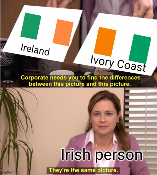 Those flags should not be confused. Not because they're similar you know. | Ireland; Ivory Coast; Irish person | image tagged in memes,they're the same picture,ireland,ivory coast | made w/ Imgflip meme maker