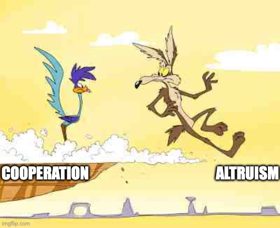 Wile E Cooperation | ALTRUISM; COOPERATION | image tagged in wile e coyote roadrunner | made w/ Imgflip meme maker