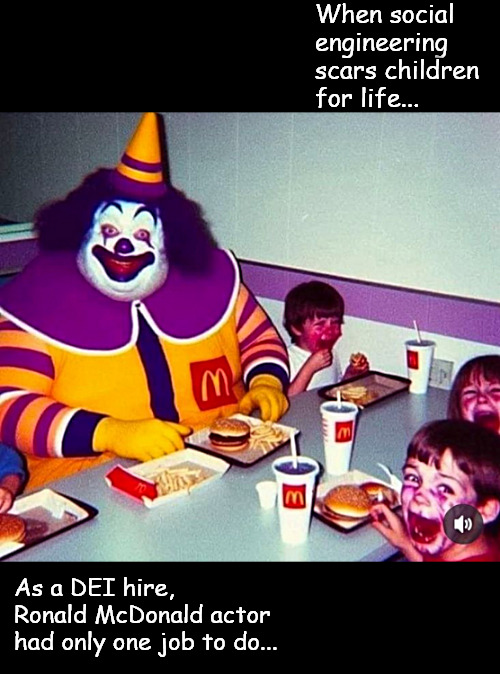 Liberals used to "save the children" | When social engineering scars children for life... As a DEI hire, Ronald McDonald actor had only one job to do... | image tagged in memes,politics | made w/ Imgflip meme maker