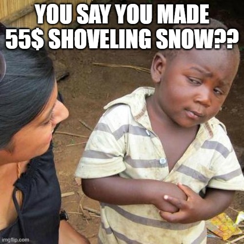 Third World Skeptical Kid Meme | YOU SAY YOU MADE 55$ SHOVELING SNOW?? | image tagged in memes,third world skeptical kid | made w/ Imgflip meme maker