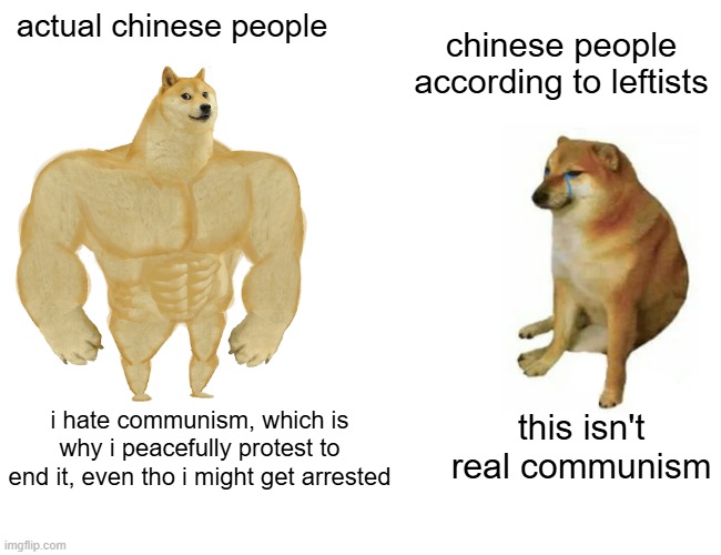 Buff Doge vs. Cheems Meme | actual chinese people; chinese people according to leftists; i hate communism, which is why i peacefully protest to end it, even tho i might get arrested; this isn't real communism | image tagged in memes,buff doge vs cheems | made w/ Imgflip meme maker