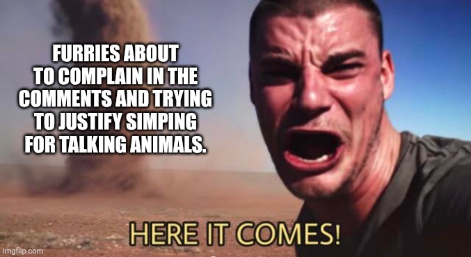 HERE IT COMES! | FURRIES ABOUT TO COMPLAIN IN THE COMMENTS AND TRYING TO JUSTIFY SIMPING FOR TALKING ANIMALS. | image tagged in here it comes | made w/ Imgflip meme maker