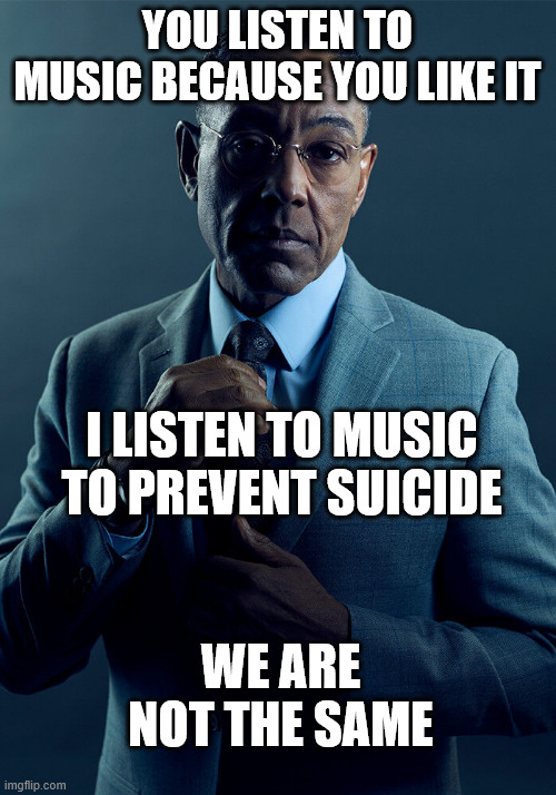 "Dead" Serious | YOU LISTEN TO MUSIC BECAUSE YOU LIKE IT; I LISTEN TO MUSIC TO PREVENT SUICIDE; WE ARE NOT THE SAME | image tagged in gus fring we are not the same | made w/ Imgflip meme maker