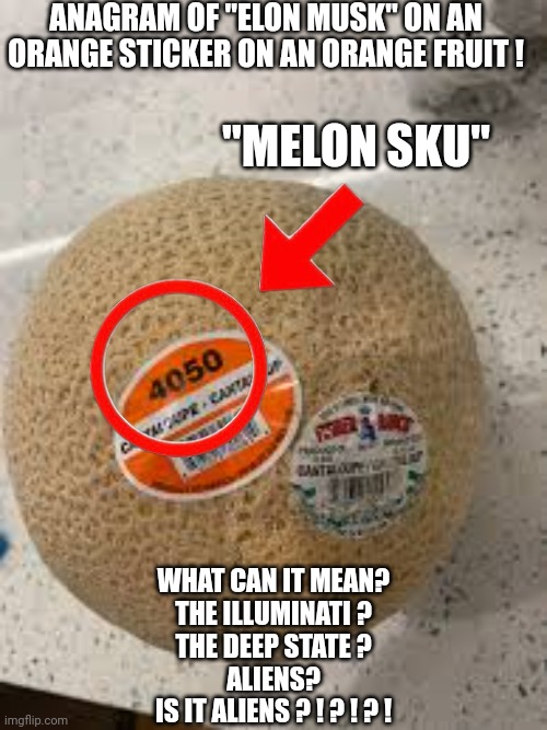 How left wing conspiracies are developed | ANAGRAM OF "ELON MUSK" ON AN ORANGE STICKER ON AN ORANGE FRUIT ! "MELON SKU"; WHAT CAN IT MEAN?
THE ILLUMINATI ?
THE DEEP STATE ?
ALIENS?

IS IT ALIENS ? ! ? ! ? ! | image tagged in elon musk,leftists,liberals,democrats,conspiracy theory,hysteria | made w/ Imgflip meme maker