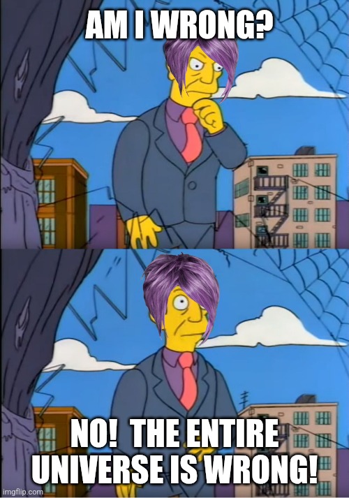 Skinner Out Of Touch | AM I WRONG? NO!  THE ENTIRE UNIVERSE IS WRONG! | image tagged in skinner out of touch | made w/ Imgflip meme maker