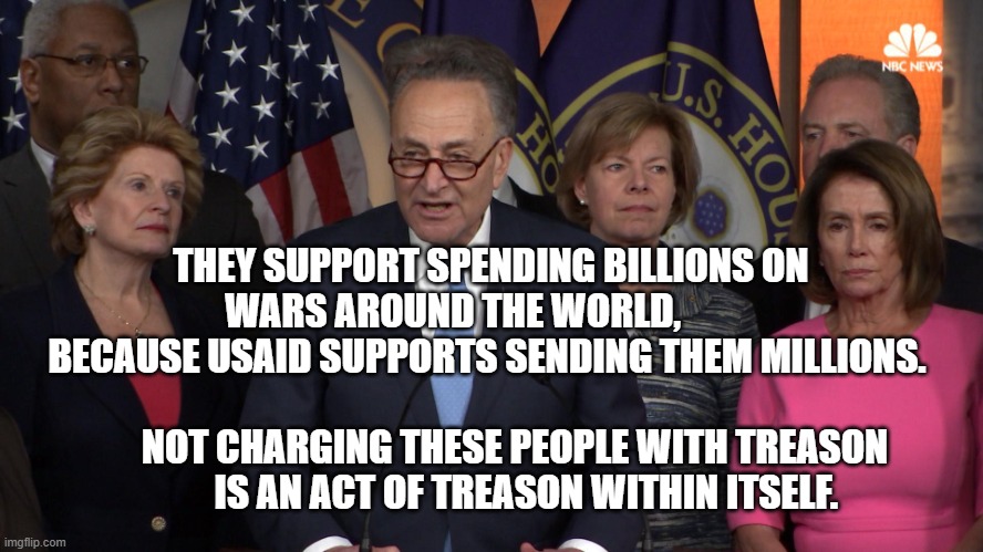 Democrat congressmen | THEY SUPPORT SPENDING BILLIONS ON WARS AROUND THE WORLD,           BECAUSE USAID SUPPORTS SENDING THEM MILLIONS. NOT CHARGING THESE PEOPLE WITH TREASON     IS AN ACT OF TREASON WITHIN ITSELF. | image tagged in democrat congressmen | made w/ Imgflip meme maker