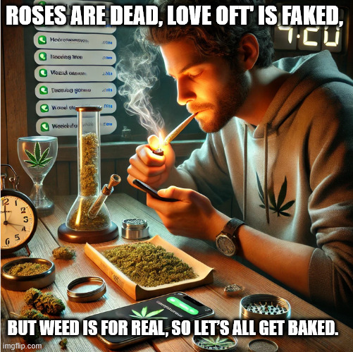 roses are dead valentines | ROSES ARE DEAD, LOVE OFT' IS FAKED, BUT WEED IS FOR REAL, SO LET’S ALL GET BAKED. | image tagged in alone on valentines day,valentines day,alone,buds,weed | made w/ Imgflip meme maker