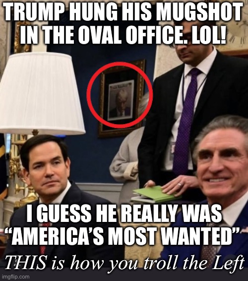 How to TROLL the Left | TRUMP HUNG HIS MUGSHOT IN THE OVAL OFFICE. LOL! I GUESS HE REALLY WAS “AMERICA’S MOST WANTED”; THIS is how you troll the Left | image tagged in trump,stupid liberals | made w/ Imgflip meme maker