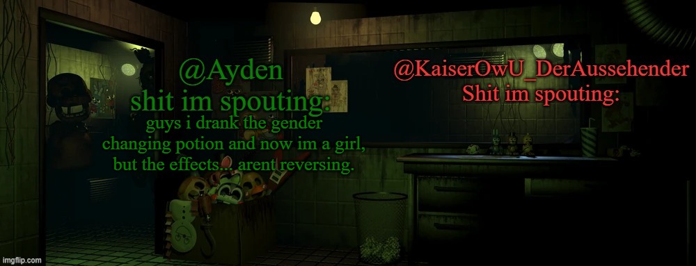 HELP | guys i drank the gender changing potion and now im a girl, but the effects... arent reversing. | image tagged in kaiser and ayden shared temp | made w/ Imgflip meme maker