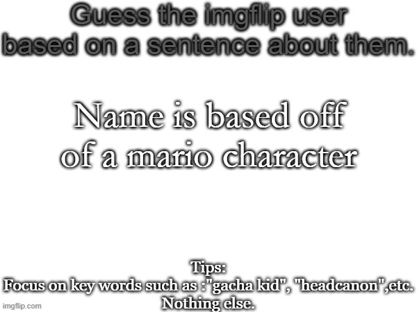 Guess the imgflip user based on a sentence about them | Name is based off of a mario character | image tagged in guess the imgflip user based on a sentence about them | made w/ Imgflip meme maker