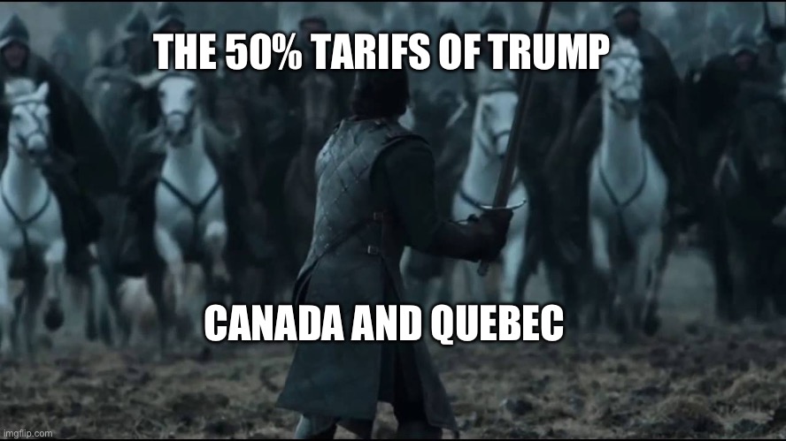 Commercial war | THE 50% TARIFS OF TRUMP; CANADA AND QUEBEC | image tagged in one man vs army | made w/ Imgflip meme maker