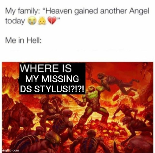 Confirmed Title | MY MISSING DS STYLUS!?!?! | image tagged in me in hell,memes,for real,relatable | made w/ Imgflip meme maker