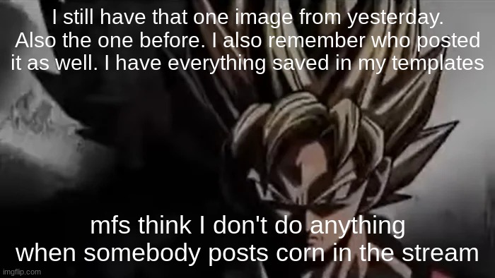 /j | I still have that one image from yesterday. Also the one before. I also remember who posted it as well. I have everything saved in my templates; mfs think I don't do anything when somebody posts corn in the stream | image tagged in goku staring | made w/ Imgflip meme maker