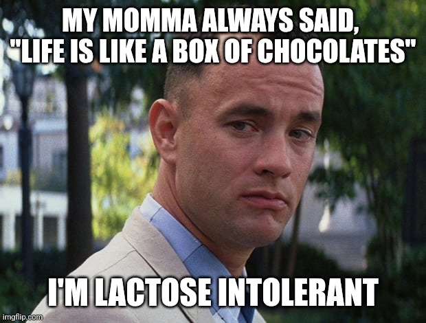 Image Title | MY MOMMA ALWAYS SAID,  "LIFE IS LIKE A BOX OF CHOCOLATES"; I'M LACTOSE INTOLERANT | image tagged in life is like a box of chocolates,memes,funny,chocolate,candy | made w/ Imgflip meme maker