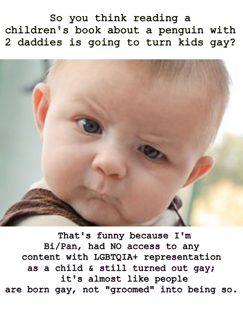 Breaking News: Book Learning Doesn't  Turn You Gay! | So you think reading a children's book about a penguin with 2 daddies is going to turn kids gay? That's funny because I'm Bi/Pan, had NO access to any content with LGBTQIA+ representation as a child & still turned out gay;
 it's almost like people are born gay, not "groomed" into being so. | image tagged in skeptical baby,banned books,lgbtq,gay,pansexual,bisexual | made w/ Imgflip meme maker